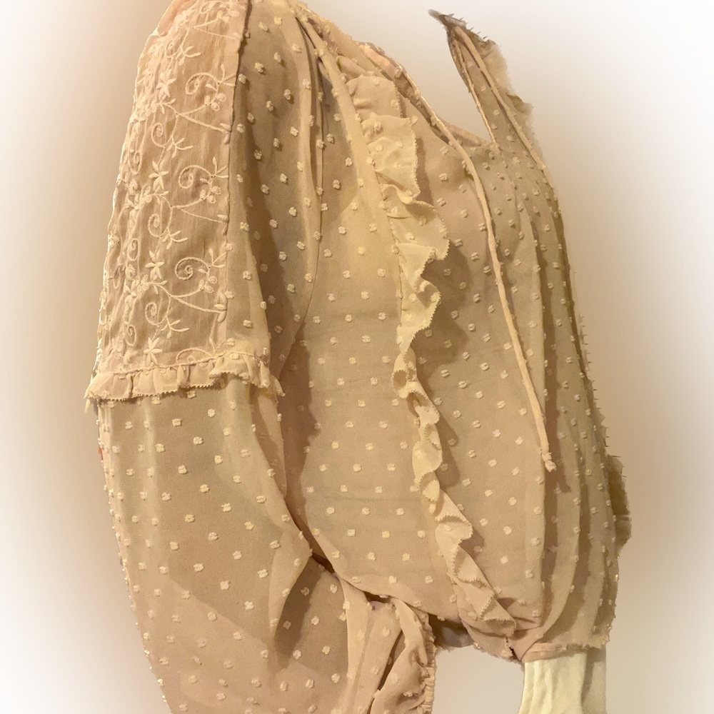 Express SOFT BLUSH boho style ruffle sheer v-neck w tie tassel size s